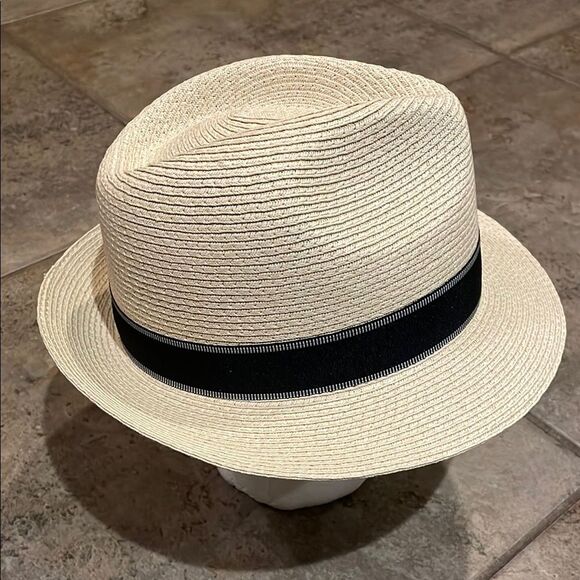 Scala Cream and Black Paper Straw Fedora Hat Mens Size Small/Medium - Picture 9 of 11